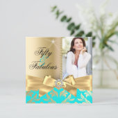 素晴らしい50ティール(緑がかった色)金ゴールドリーフ&ボウ50誕生日 招待状 (スタンド正面)