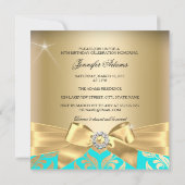 素晴らしい50ティール(緑がかった色)金ゴールドリーフ&ボウ50誕生日 招待状 (裏面)