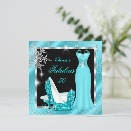 素晴らしい50パーティーティール（緑がかった色）ブルーシルバードレスヒールS12 招待状 (スタンド正面)