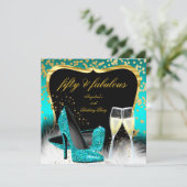 素晴らしい50パーティーティール(緑がかった色)金ゴールドシャンパングリッターヒール 招待状 (スタンド正面)