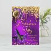 素晴らしい50パーティーパープルグリッター金ゴールドハイヒール 招待状 (スタンド正面)