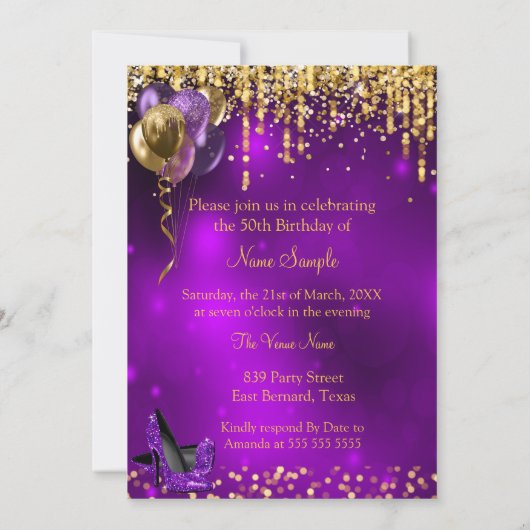 素晴らしい50パーティーパープルグリッター金ゴールドハイヒール 招待状 (裏面)