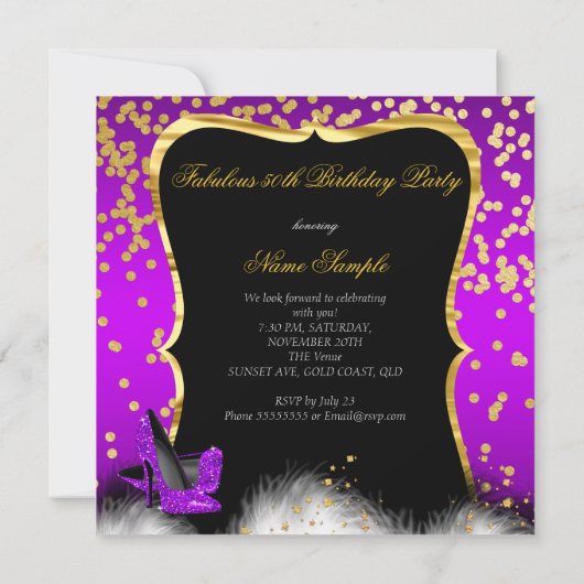 素晴らしい50パーティーパープルマゼンタ金ゴールドシャンパン 招待状 (裏面)