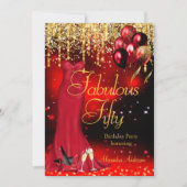 素晴らしい50パーティーレッドグリッター金ゴールドヒールのドレス 招待状 (正面)