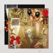 素晴らしい50パーティーレッド金ゴールドシャンパンパーティー 招待状 (正面/裏面)