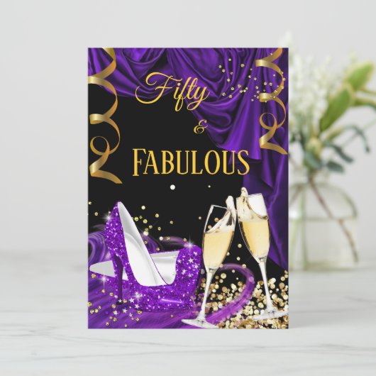 素晴らしい50パープルシャンパンヒール誕生日パーティー 招待状 (スタンド正面)