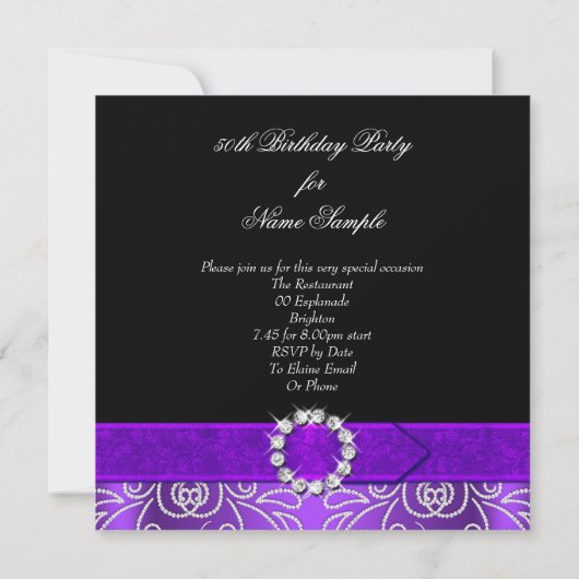 素晴らしい50パープルダイヤモンドバースデーパーティー 招待状 (裏面)