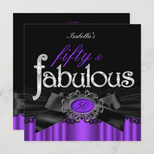 素晴らしい50パープルブラックレースバースデーパーティー 招待状 (正面/裏面)