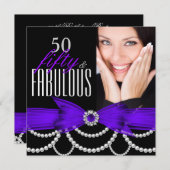 素晴らしい50パープル真珠の写真の誕生日パーティー 招待状 (正面/裏面)