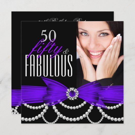 素晴らしい50パープル真珠の写真の誕生日パーティー 招待状 (正面/裏面)