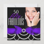 素晴らしい50パープル真珠の写真の誕生日パーティー 招待状 (正面)