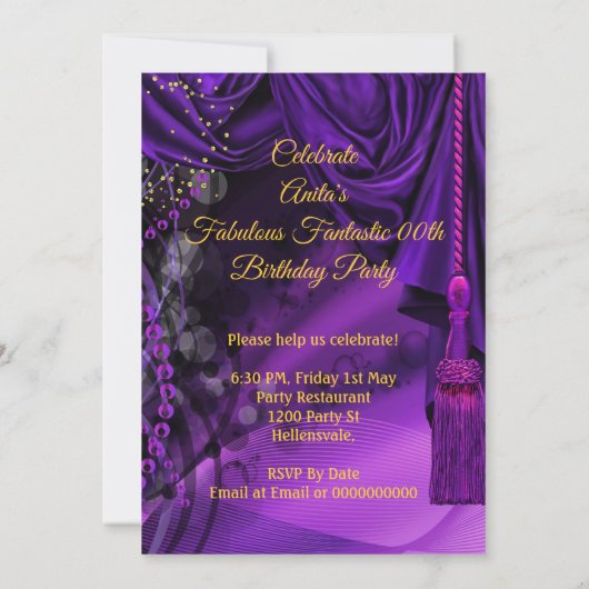 素晴らしい50パープル金ゴールドヒール誕生日パーティー 招待状 (裏面)
