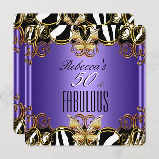 素晴らしい50パープル金ゴールド白黒ゼブラ 招待状 (正面/裏面)