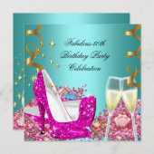 素晴らしい50ピンクティール（緑がかった色）グリッターハイヒール誕生日3 招待状 (正面/裏面)