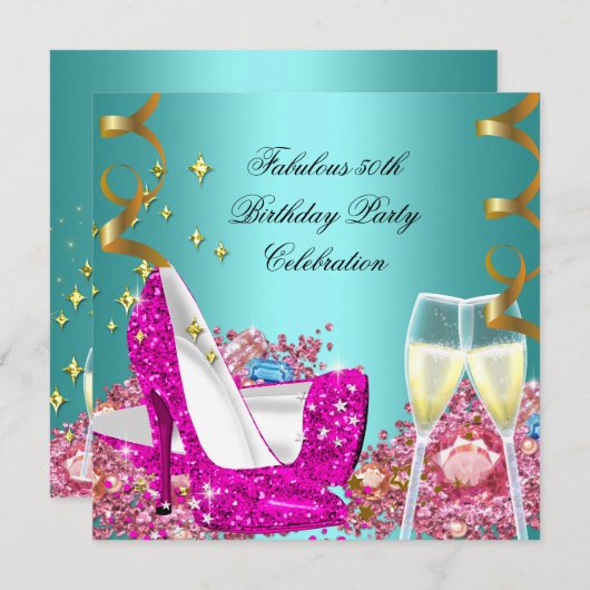 素晴らしい50ピンクティール（緑がかった色）グリッターハイヒール誕生日3 招待状 (正面/裏面)