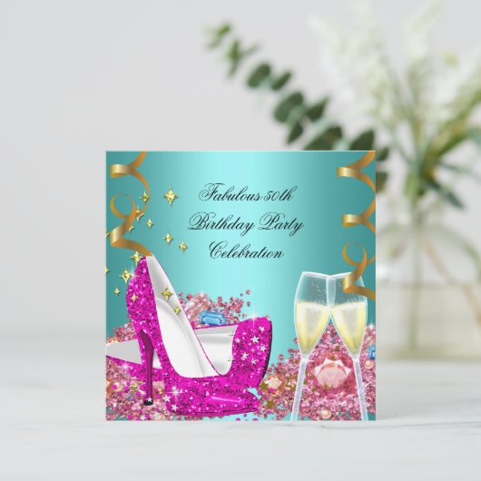 素晴らしい50ピンクティール（緑がかった色）グリッターハイヒール誕生日3 招待状 (スタンド正面)