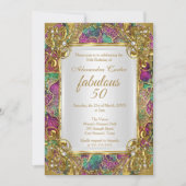 素晴らしい50ピンクティール（緑がかった色）ゴールデンパール誕生日パーティー 招待状 (正面)