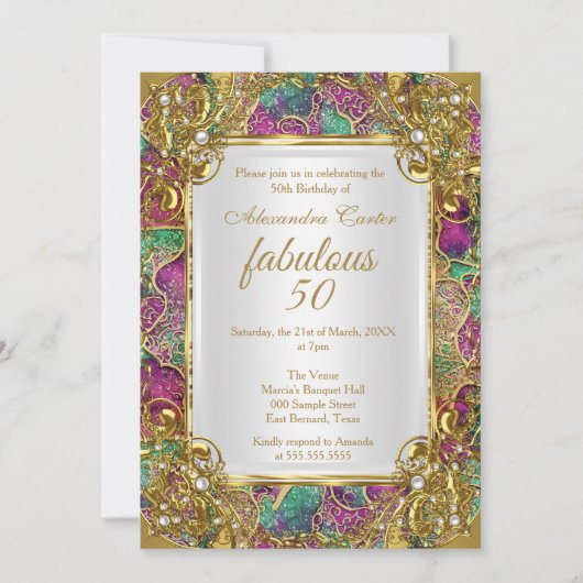 素晴らしい50ピンクティール（緑がかった色）ゴールデンパール誕生日パーティー 招待状 (正面)