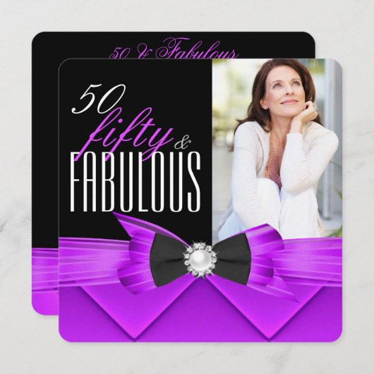 素晴らしい50ピンクパープルの写真の誕生日パーティー 招待状 (正面/裏面)