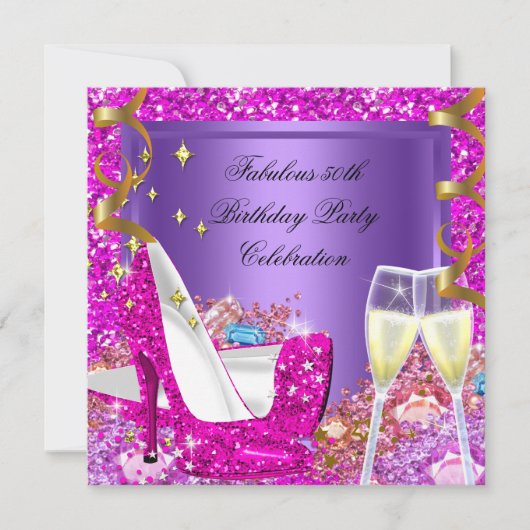 素晴らしい50ピンクパープルグリッターヒール誕生日 招待状 (正面)