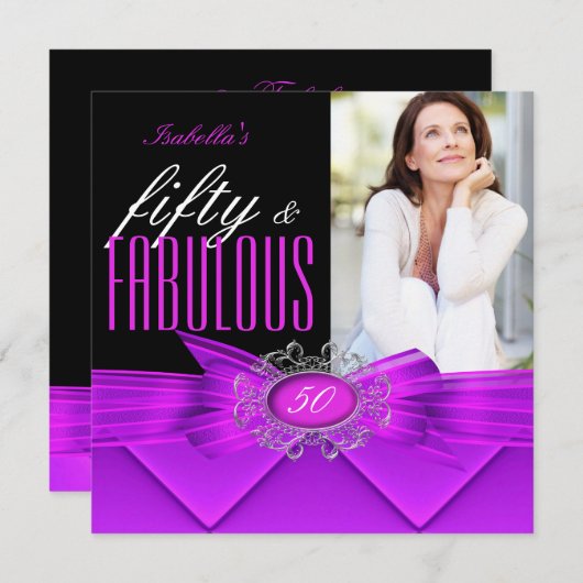 素晴らしい50ピンクパープルブラックフォトバースデーパーティー 招待状 (正面/裏面)