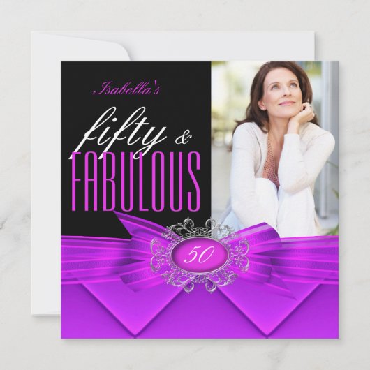 素晴らしい50ピンクパープルブラックフォトバースデーパーティー 招待状 (正面)