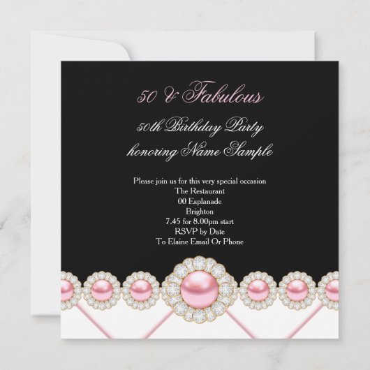 素晴らしい50ピンクパールフォトエレガント誕生日 招待状 (裏面)