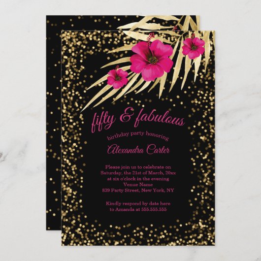 素晴らしい50ピンクブラック金ゴールドスパークル誕生日 招待状 (正面/裏面)