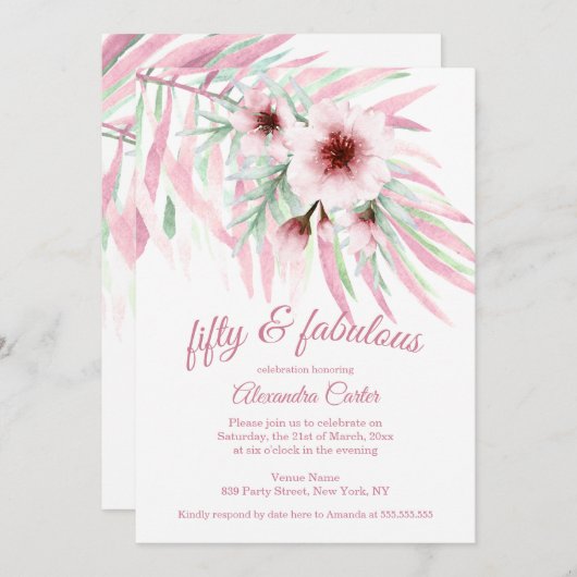 素晴らしい50ピンク緑の花の白い水色 招待状 (正面/裏面)