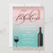 素晴らしい50ピンク&ティール(緑がかった色)タイポグラフィワイン&花 招待状 (正面)