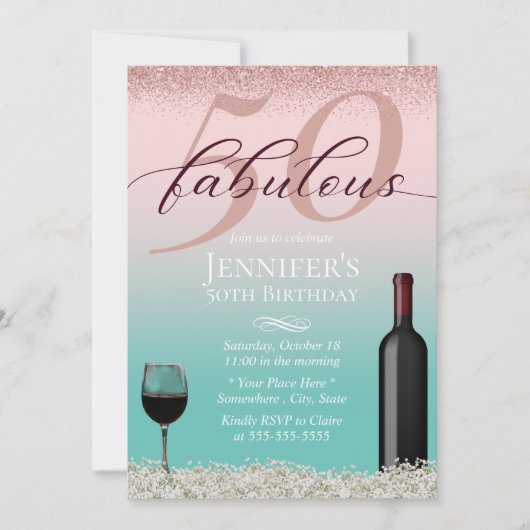 素晴らしい50ピンク&ティール（緑がかった色）タイポグラフィワイン&花 招待状 (正面)