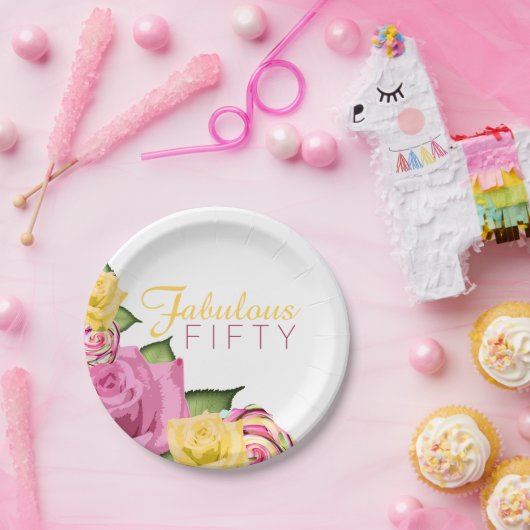 素晴らしい50ピンク |黄色フローラ50誕生日 ペーパープレート (パーティー)