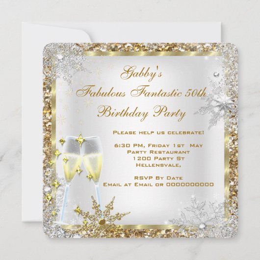 素晴らしい50ファンタジーホワイト金ゴールド誕生日パーティー 招待状 (裏面)