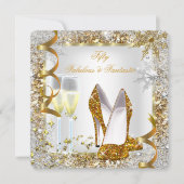 素晴らしい50ファンタジーホワイト金ゴールド誕生日パーティー 招待状 (正面)