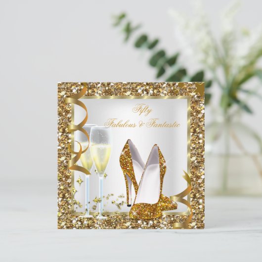 素晴らしい50ファンタジーホワイト金ゴールド誕生日パーティー 招待状 (スタンド正面)