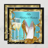 素晴らしい50ファンタスティックティール(緑がかった色)ホワイト金ゴールド誕生日 招待状 (正面/裏面)