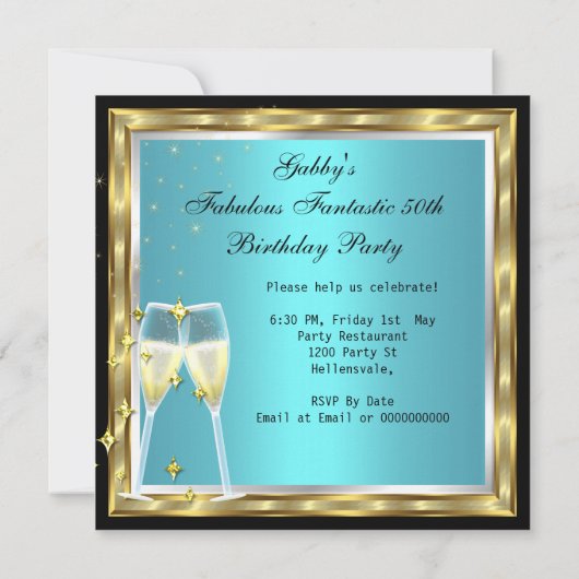 素晴らしい50ファンタスティックティール(緑がかった色)ホワイト金ゴールド誕生日 招待状 (裏面)