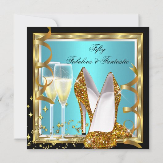 素晴らしい50ファンタスティックティール(緑がかった色)ホワイト金ゴールド誕生日 招待状 (正面)