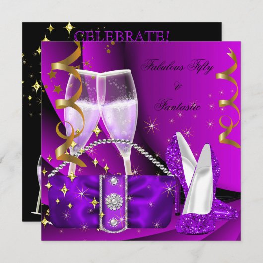 素晴らしい50ファンタスティックパープルハイヒール誕生日 招待状 (正面/裏面)