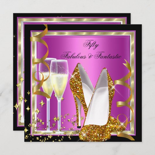 素晴らしい50ファンタスティックピンク白黒金ゴールドパーティー 招待状 (正面/裏面)