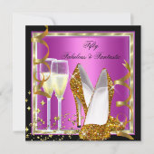 素晴らしい50ファンタスティックピンク白黒金ゴールドパーティー 招待状 (正面)