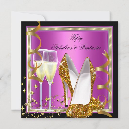 素晴らしい50ファンタスティックピンク白黒金ゴールドパーティー 招待状 (正面)