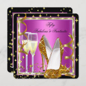 素晴らしい50ファンタスティックピンク白黒金ゴールドパーティー 招待状 (正面/裏面)