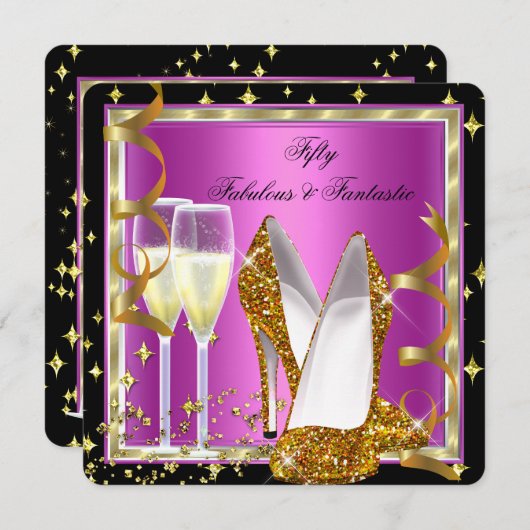 素晴らしい50ファンタスティックピンク白黒金ゴールドパーティー 招待状 (正面/裏面)