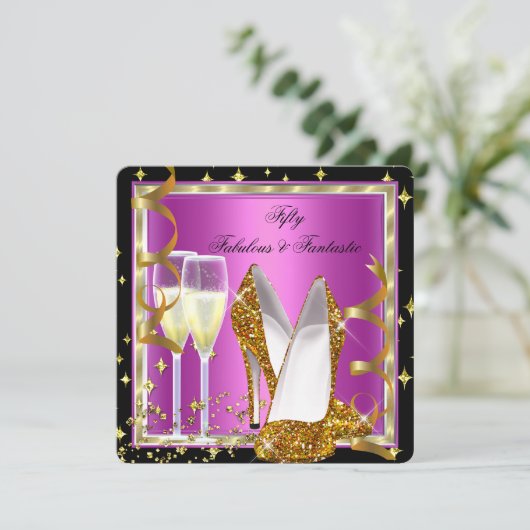 素晴らしい50ファンタスティックピンク白黒金ゴールドパーティー 招待状 (スタンド正面)