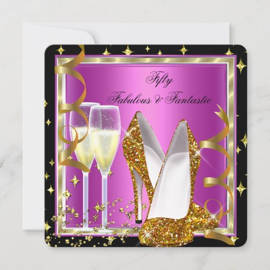 素晴らしい50ファンタスティックピンク白黒金ゴールドパーティー 招待状 (正面)