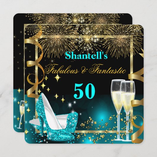 素晴らしい50ファンタスティックフェスティバルティール（緑がかった色）金ゴールドパーティー 招待状 (正面/裏面)