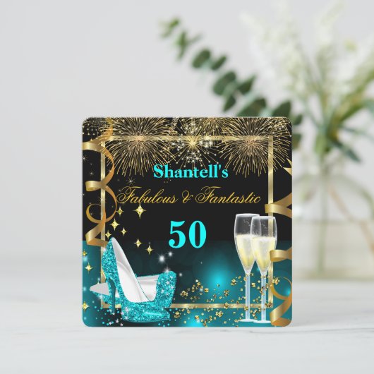 素晴らしい50ファンタスティックフェスティバルティール（緑がかった色）金ゴールドパーティー 招待状 (スタンド正面)