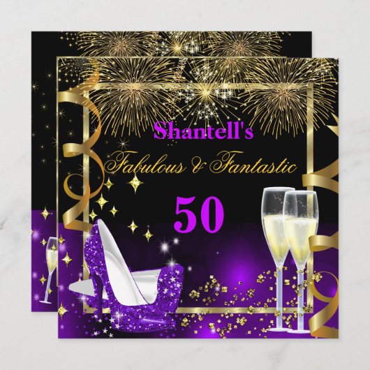 素晴らしい50ファンタスティックフェスティバルパープル金ゴールドパーティー 招待状 (正面/裏面)