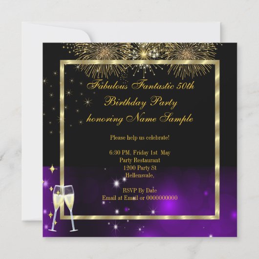 素晴らしい50ファンタスティックフェスティバルパープル金ゴールドパーティー 招待状 (裏面)